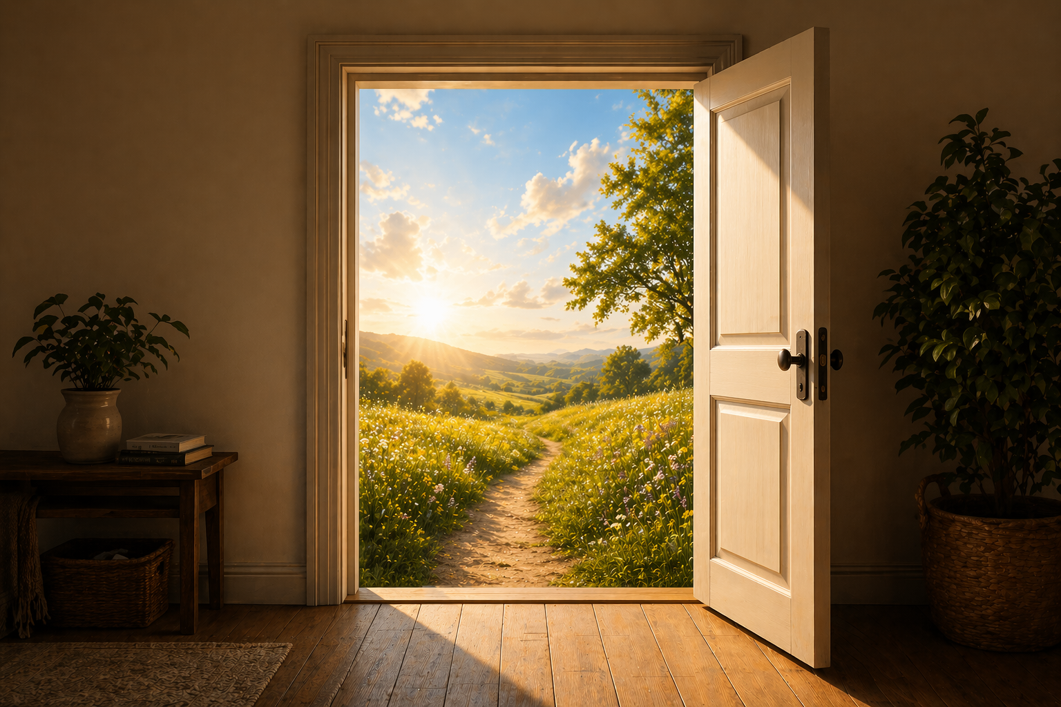 An open doorway revealing a sunny meadow beyond — a visual metaphor for opening into a new chapter of life